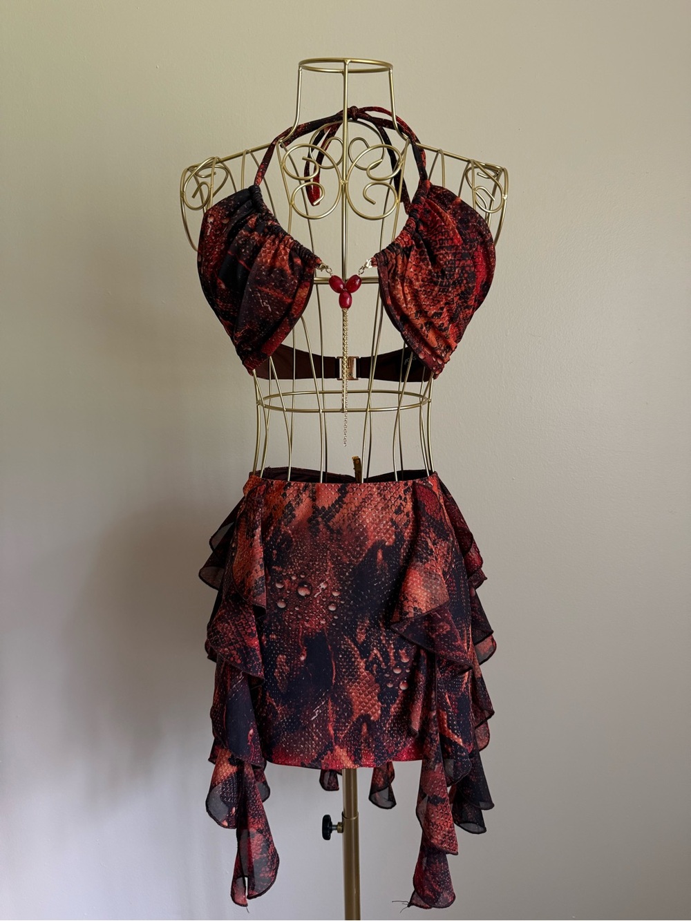 Red Snake-Print Ruffled Mini Skirt set